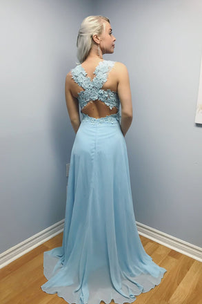 Elegant A-line Blue Chiffon Long Lace Appliques Prom Dress INA9