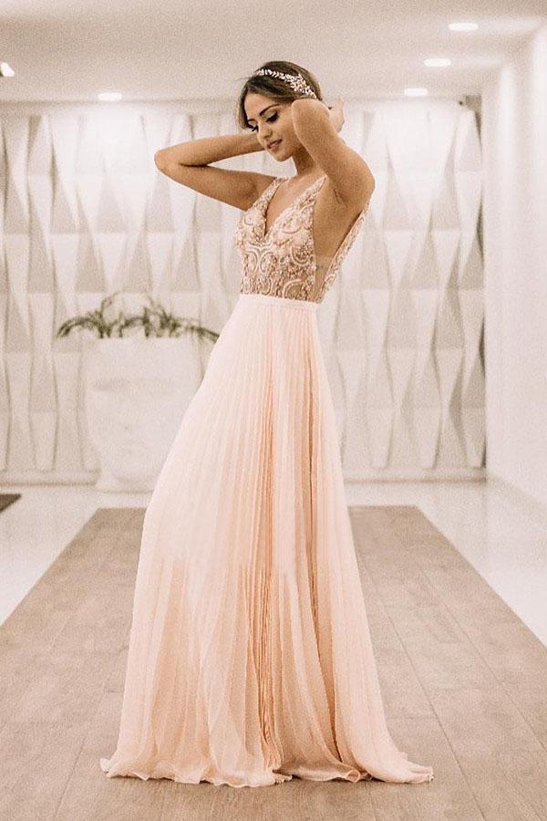 Pearl Pink V Back Appliques Long Prom Evening Dress INK74