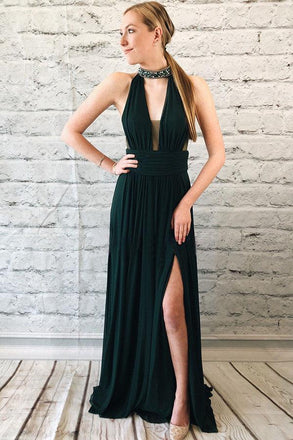 Elegant Dark Green Chiffon Split Long Prom Dress With Beads INK90