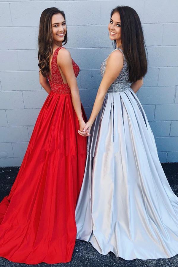 Cheap A-line Deep V Neck Beading Backless Long Prom Dress With Pockets ING42