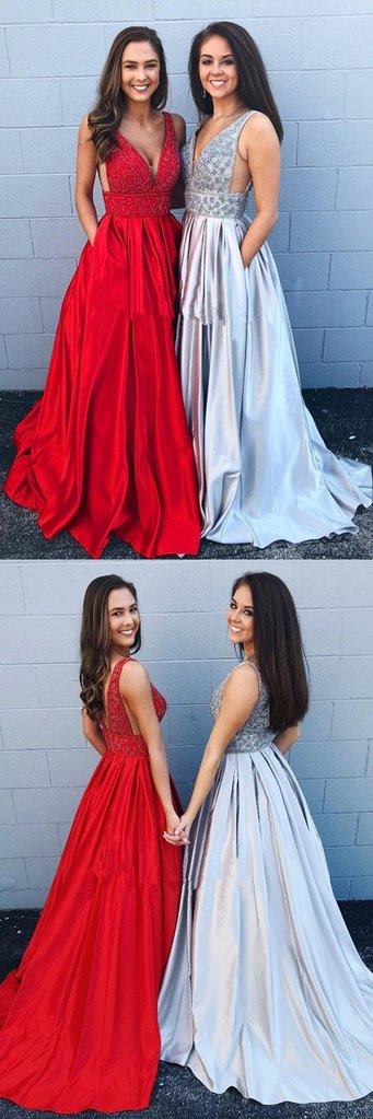 Cheap A-line Deep V Neck Beading Backless Long Prom Dress With Pockets ING42
