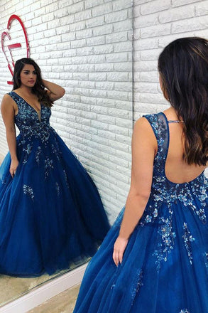 Ball Gown Royal Blue Beaded Long Plus Size Prom Gown with Open Back INL1