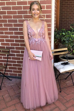 Elegant V Neck Flower Appliques Long Prom Evening Dress INK83