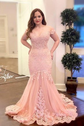 Off the Shoulder Pink Appliques Mermaid Long Plus Size Prom Dress INK95