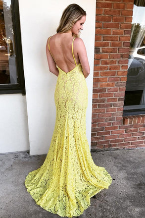 Spaghetti Straps Mermaid Yellow Lace Long Prom Dress with Slit INL93
