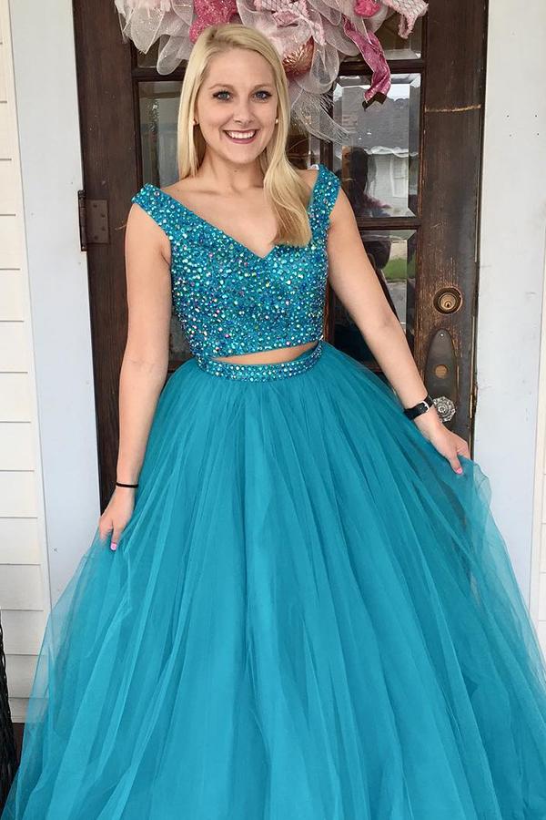 Two Piece Turquoise Beaded A Line Tulle Prom Dress INL2