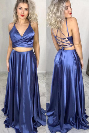 Two Piece Lace Up Blue Long Prom Dress with Slit INM2