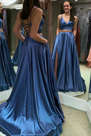 Two Piece Lace Up Blue Long Prom Dress with Slit INM2