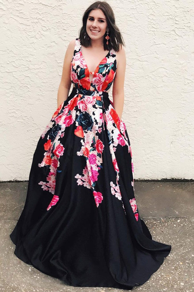 A Line Black V Neck Appliques Prom Dresses, Long Cheap Prom Gown INK31