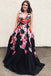 A Line Black V Neck Appliques Prom Dresses, Long Cheap Prom Gown INK31