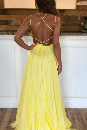 Criss Cross Back Beaded Yellow Long A Line Prom Dress INK80