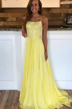 Criss Cross Back Beaded Yellow Long A Line Prom Dress INK80