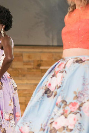 Two Pieces Long Sleeves Prom Dresses, Floral Print Prom Gown With Pockets INK32