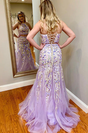 Two Piece Appliques Lilac Floral Long Prom Dress INM1