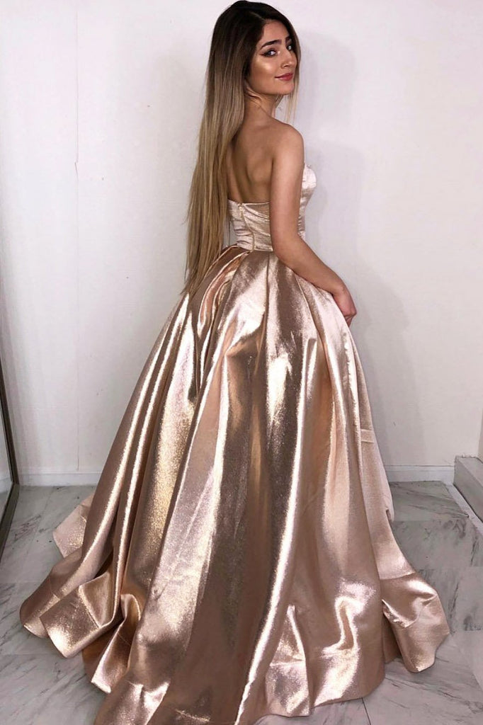 Strapless Rose Gold A Line Long Simple Prom Dress INK86