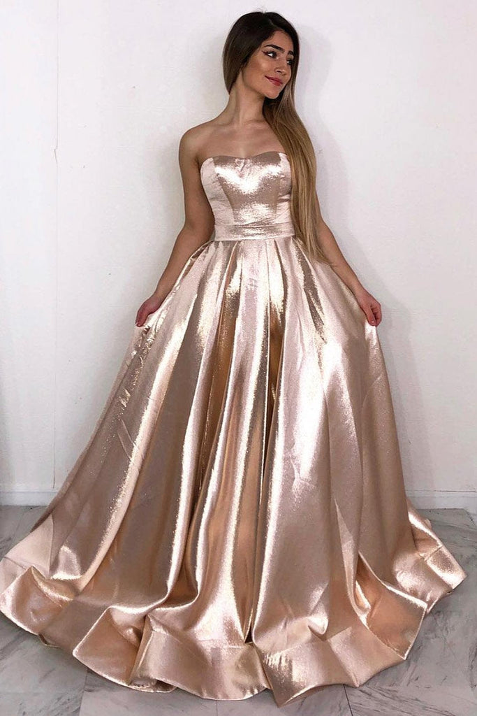 Strapless Rose Gold A Line Long Simple Prom Dress INK86