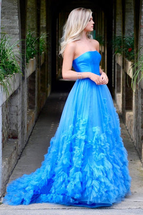 A-Line Strapless Long Prom Dress with Train INO55