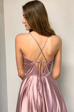 A Line Pink Spaghetti Straps Long Split Prom Dresses With Pockets INK35