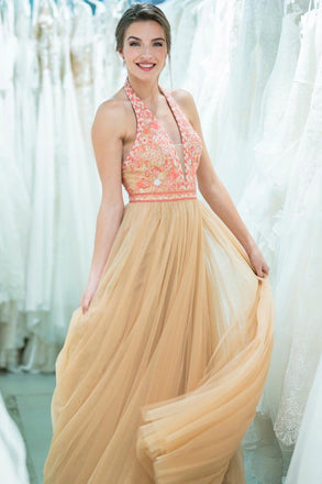 Stunning A Line Gold Halter Long Tulle Prom Dresses With Beads INK36