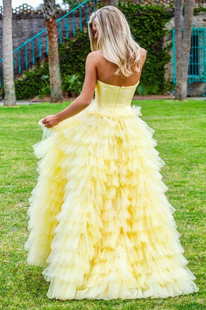 Princess Strapless Tiered Floor Length Yellow Ball Gown Prom Dress INL3