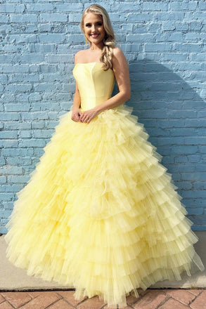 Princess Strapless Tiered Floor Length Yellow Ball Gown Prom Dress INL3