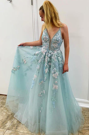 Spaghetti Straps Floral Appliques Long Prom Dress With Beading INK77