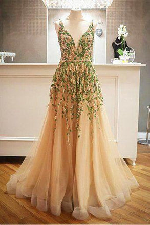 Criss Cross Back Appliqued Tulle Prom Dress with Ribbon INL98
