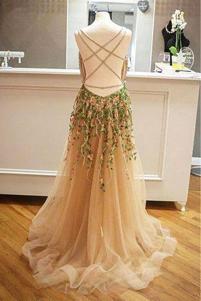 Criss Cross Back Appliqued Tulle Prom Dress with Ribbon INL98
