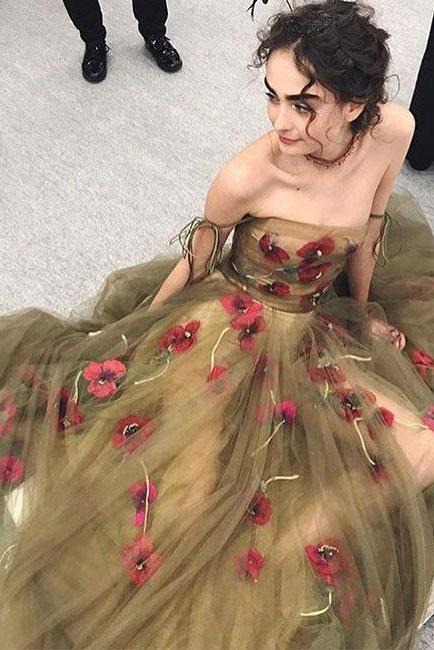 Off the Shoulder See-through Prom Dress with Flowers INP12