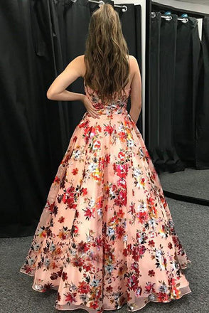 A-Line Spaghetti Straps Floral Print Long Prom Dress INL94