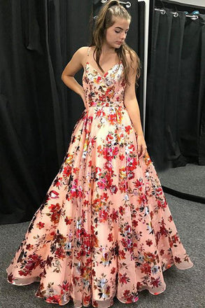A-Line Spaghetti Straps Floral Print Long Prom Dress INL94