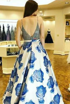 Classy Spaghetti Straps Beading Floral Print Prom Dress INL97