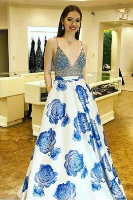 Classy Spaghetti Straps Beading Floral Print Prom Dress INL97