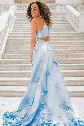 Two Piece Flowers Appliques Light Sky Blue Prom Dress INL99