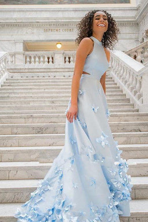 Two Piece Flowers Appliques Light Sky Blue Prom Dress INL99