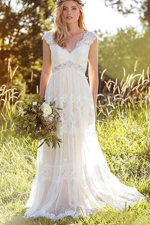 Bohemian A Line V Neck Lace Bridal Gown Simple Beach Wedding Dresses INK37
