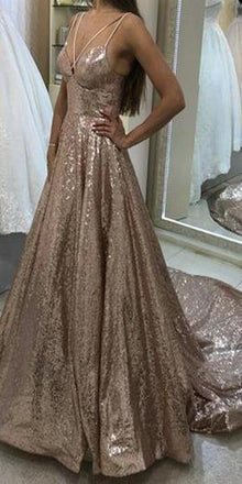 Sparkly Sequin V Neck Long Junior Prom Dresses with Straps INI27