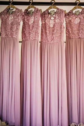 Round Neck A Line Cap Sleeves Chiffon Long Bridesmaid Dress with Lace IN932