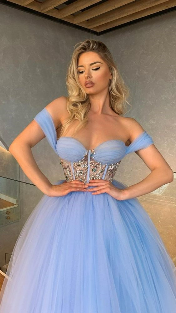 Unique Off-the-Shoulder Sweetheart Cristal A Line Tea Length Tulle Prom Dress IN1955