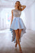 Blue Lace Apppliques Satin Prom Dress High Low Prom Gown INQ44