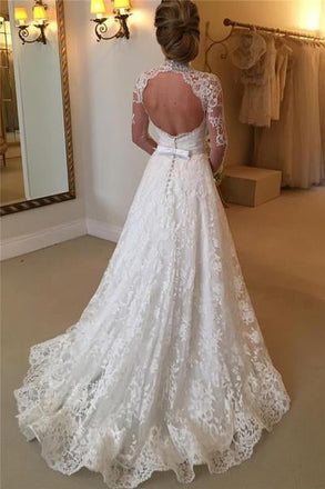 Elegant Lace A-line Long Sleeves High Neck Open Back Wedding Dresses IN542