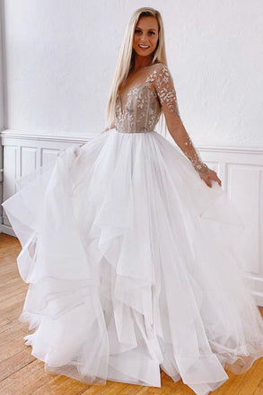 White A Line Tulle Appliques Long Sleeves Prom Dress Stunning Evening Dress INQ39