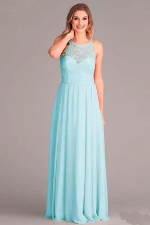 New Arrival A-Line V-Neck Floor-Length Mint Open Back Chiffon Bridesmaid Dress with Lace IN929