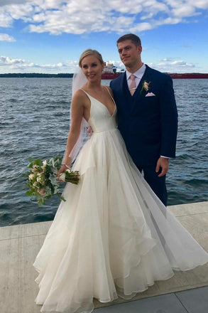 Simple V Neckline A-line Backless Ivory A Line Beach Wedding Dress INC92