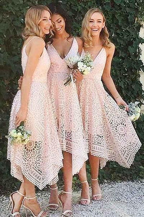 Navy Blue/Pink Deep V-neck Spaghetti Straps Sleeveless Asymmetry Lace A-line Bridesmaid Dress IN236