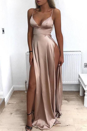 A Line Spaghetti Straps Sexy Slit Prom Dresses. Cheap Long Evening Dress INJ26