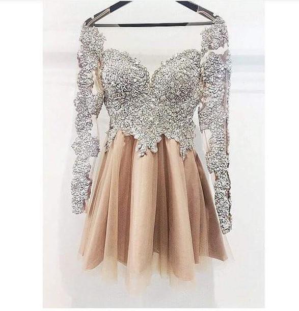 A Line Long Sleeves Homecoming Dress, Cheap Short Prom Dresses INJ36