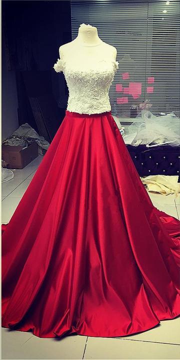 White Lace Crop Top Red Satin Two Piece A Line Prom Dresses IN817