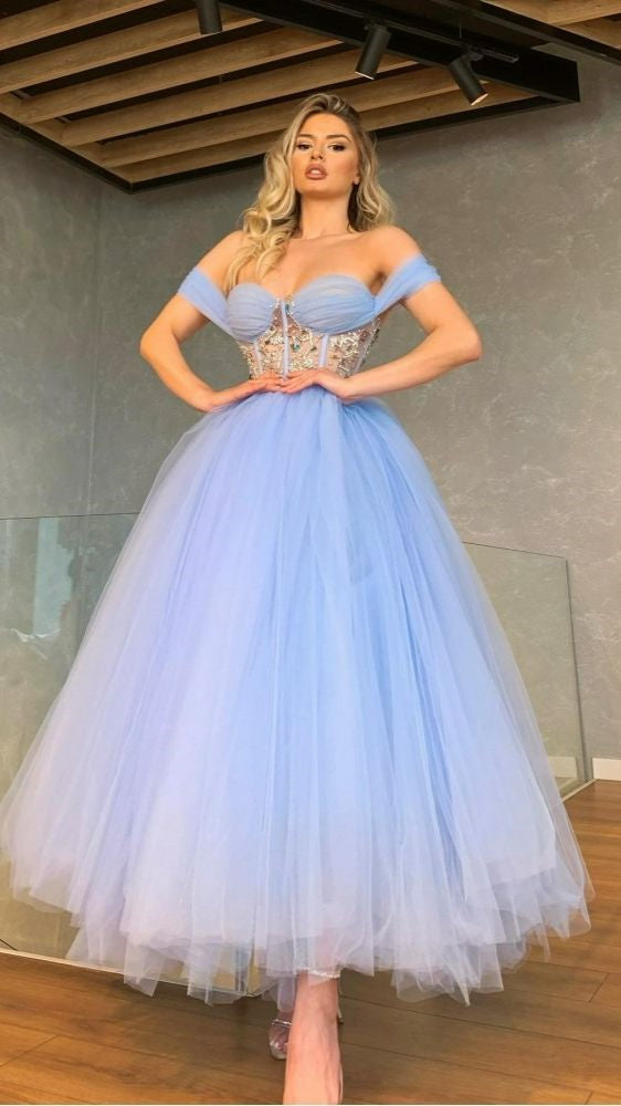 Unique Off-the-Shoulder Sweetheart Cristal A Line Tea Length Tulle Prom Dress IN1955