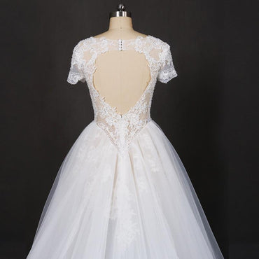 Off White A Line Short Sleeves Lace Appliques Wedding Dress, Bridal Gown INQ32